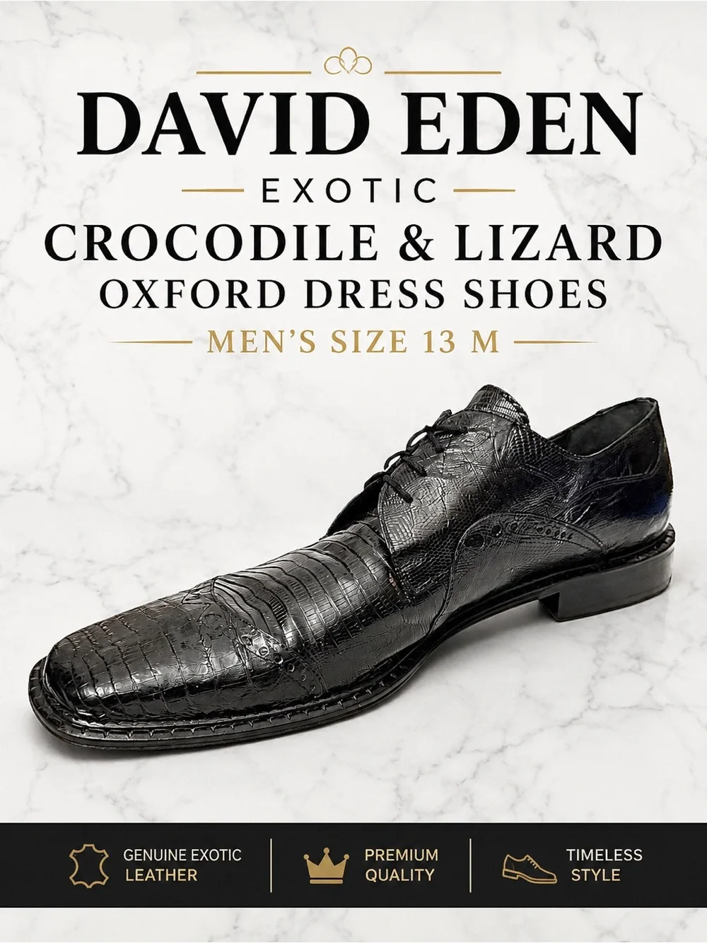 David Eden Exotic Black Crocodile & Lizard Oxford Dress Shoes Men’s Size 13